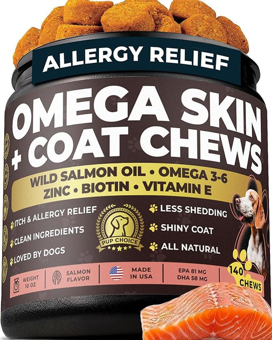 Omega 3 & 6 Dog Skin & Coat Chews – Wild Salmon Oil, Biotin, Zinc & Vitamin E – Supports Dry Itchy Skin, Shedding & Healthy Coat – PhD-Endorsed, Made in USA, 140 Chews, Salmon Flavor