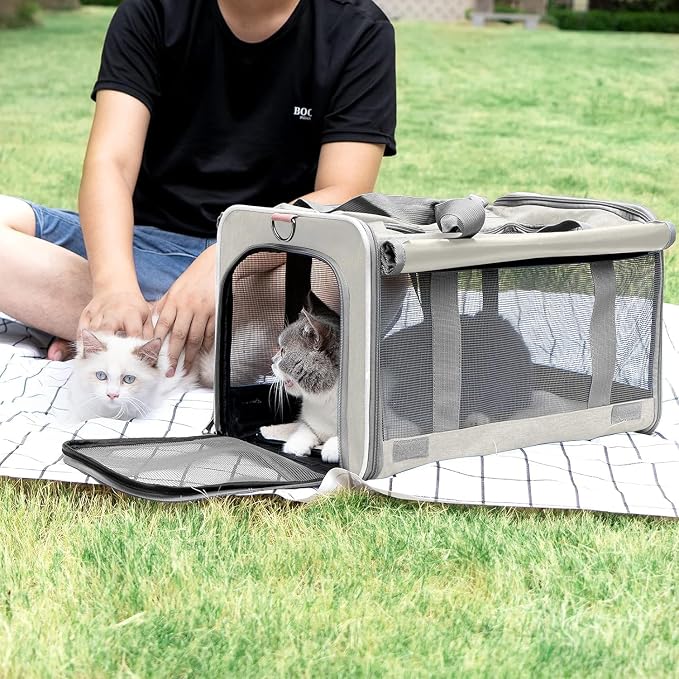 GAPZER Pet Carrier for Large Cat Soft-Sided Animal Traveling Bag for Medium Cat up to 20lbs / Washable Small Dog Puppy 10 lbs Crate Case with Privacy Curtains for Home Outdoor Travel Beige White