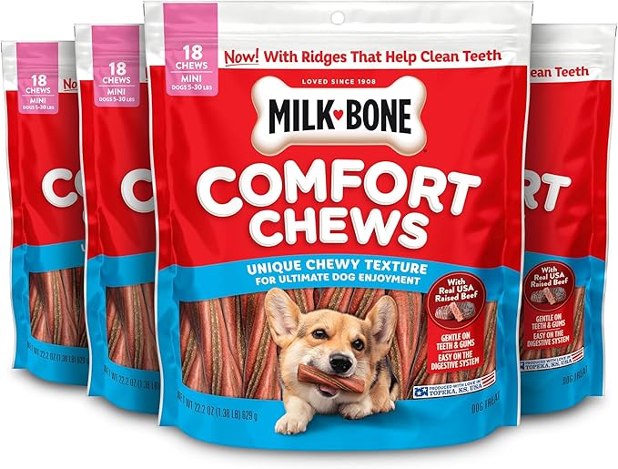 Milk-Bone Mini Comfort Chews, Chewy Texture and Real Beef, 18 Mini Chews (Pack of 4)