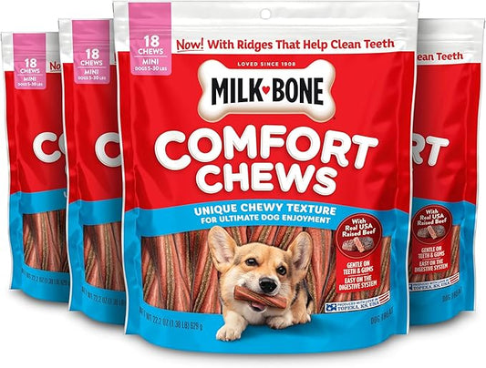 Milk-Bone Mini Comfort Chews, Chewy Texture and Real Beef, 18 Mini Chews (Pack of 4)