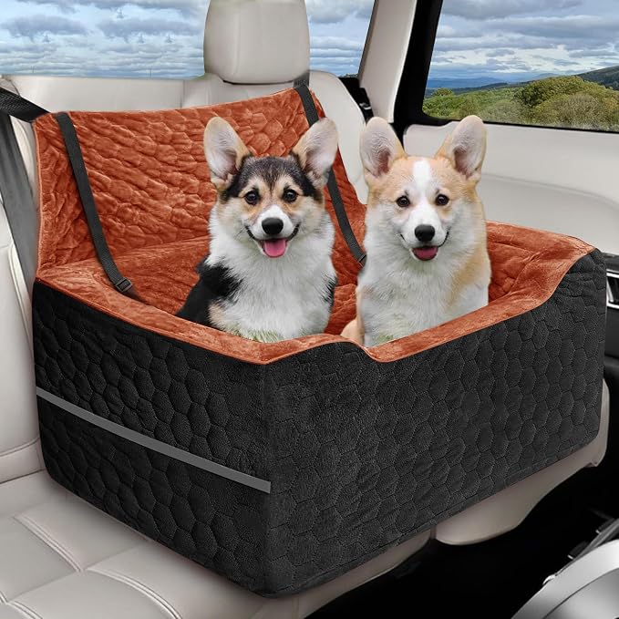 Dog Car Seat for Medium/Large Dog Booster Seat Under 60 lbs or 2 Small Dogs, Multi-Functional Pet Car Seat with Thick Cushion, 2 Safety Leashes (Black/Red Brown, Medium)