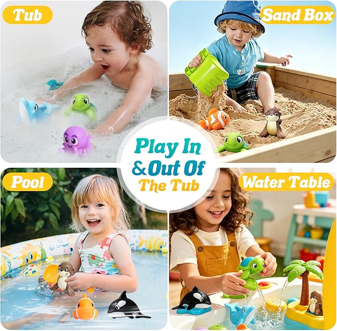 Mold Free Bath Toys - 6 Pcs Ocean Baby Bath Toys for Kids Ages 1-3, No Hole Design Keeps Moisture Out, Toddlers Learn Sea Animals with Bathtub Soft Squeeze Toys, Pool Toy