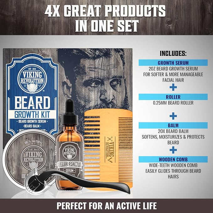 Viking Revolution Beard Growth Kit - 4 Products Included | Advanced Growth Formulation - Balm (2oz), Serum (2fl oz), Derma Roller & Wooden Comb for Beard & Mustache Growth