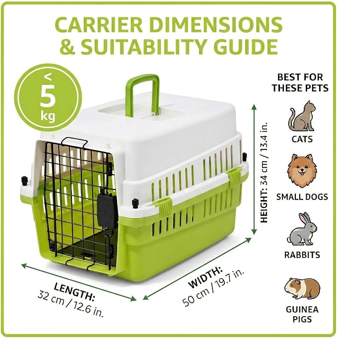 Hard-Sided Pet Carrier for Cats and Small Dogs, 20" Sturdy Travel Kennel with Secure Wire Door & 360° Ventilation, Portable Plastic Crate for Vet Visits & Car Travel (White/Green)