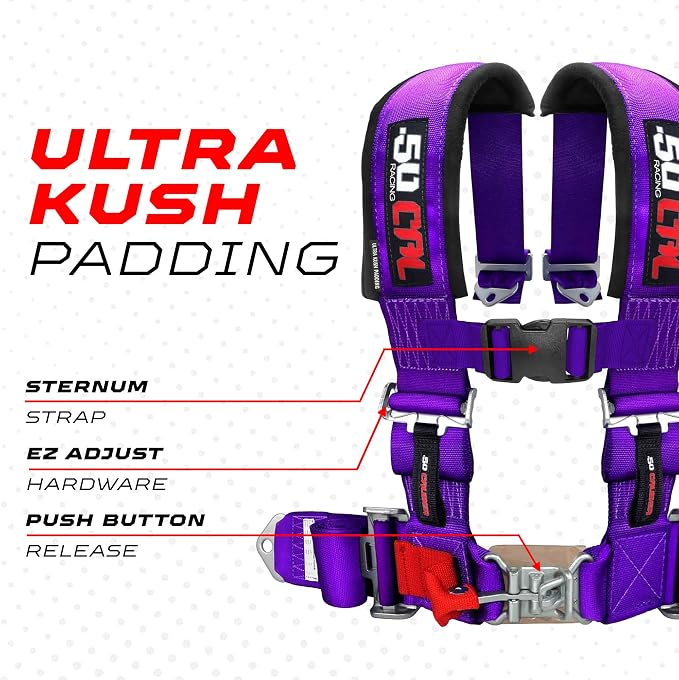 1pc 50 Cal Purple 4 Point Harness 2" straps, Racing Harness Seat Belt | Ultra Kush padding, Push Button quick release hardware. Universal Fit for UTV, RZR, race car