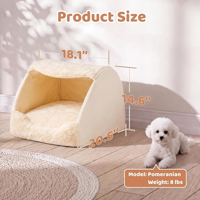 LATIBELL Indoor Puppy House Foldable Pet Tent Cave Bed ，White | Foldable Indoor Dog House With Removable Washable Soft Cushion, Covered Cave For Small Puppy