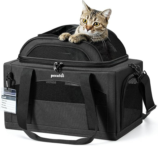 Pecute Top Expandable Airline Approved Pet Carrier for Cats, Olive Green | Top side expandable, breathable scratch-resistant mesh, leakproof pee pad, locking zippers, foldable travel bag under 11lbs.