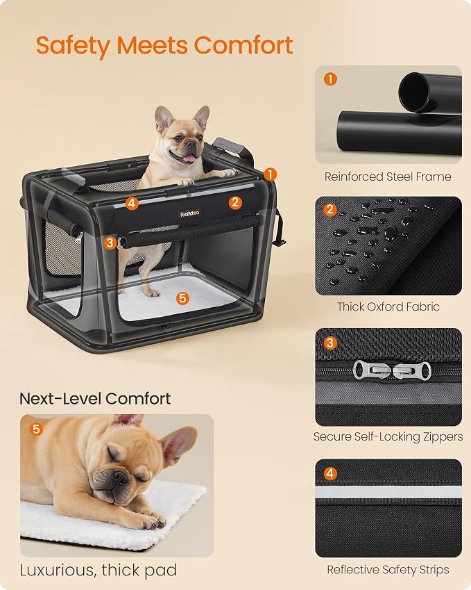 Feandrea Collapsible Dog Crate, Portable Travel Crate, 24-Inch | Oxford Fabric Pet Carrier with 4 Mesh Doors, Handles, Storage Pocket, Water Bottle Holder, UPDC016B01