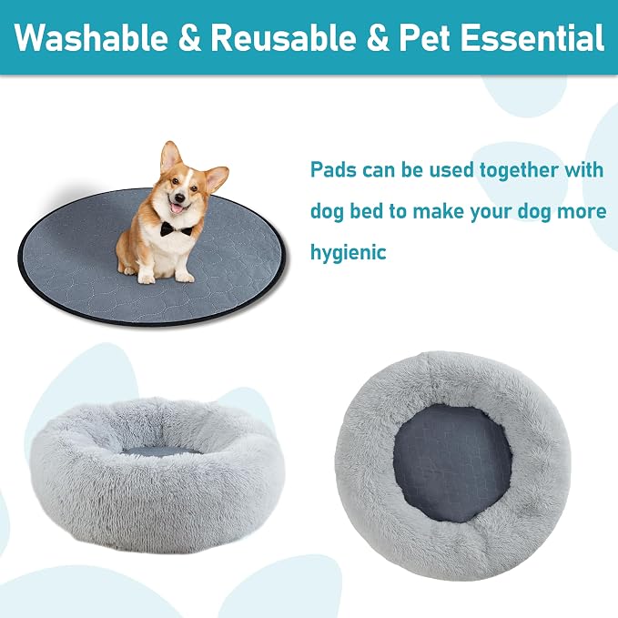 Bunlitent Washable Pee Pads for Dog, 2 Pack, 27.5 Inch Round, Grey | Reusable, Non-Slip, Waterproof, Fast Absorbent, For Dogs, Cats, Suitable For 35-39 Inches Dog Bed, Reusable Puppy Pads