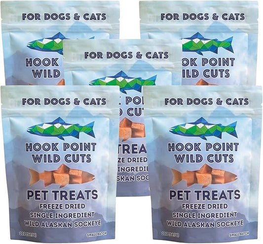 Freeze Dried Sockeye Salmon Pet Treats for Dogs & Cats, Human Grade, Fisherman Direct, Premium Wild Caught Alaskan, Single Ingredient, Omega 3, Natural Healthy Dog Training Treats, Made in USA, 5 Pack