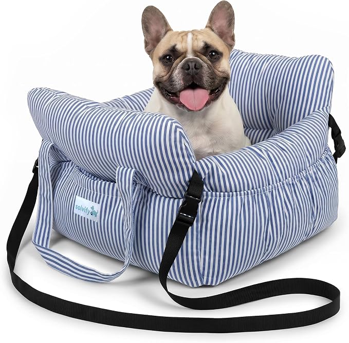 Small Dog Car Seat Cute Puppy Carrier Dog Bed w/Waterproof Bottom | Booster Console Car Seat with Safety Leash, Cozy Pet Car Bag for Travel with 3 Pockets and Adjustable Buckles