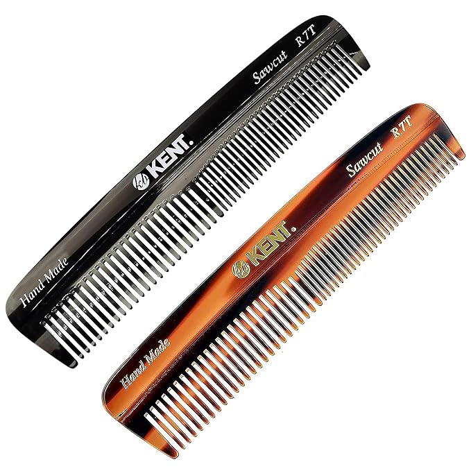 Kent R7T Fine and Wide Tooth Hair Comb, Handmade Pocket Comb for Men, Best Beard and Mustache Comb for Everyday Grooming and Styling, Sawcut, Made in England