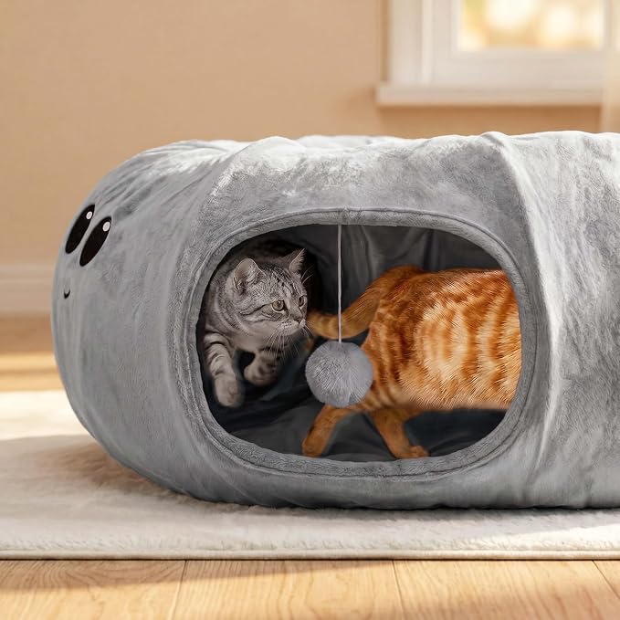 Cat Tunnel Bed for Indoor Cats, Peekaboo Cat Cave Bed with 20 Pcs Cat Toys, Soft Cat Donut Tunnel for Kitten Large Cats, Grey Octopus