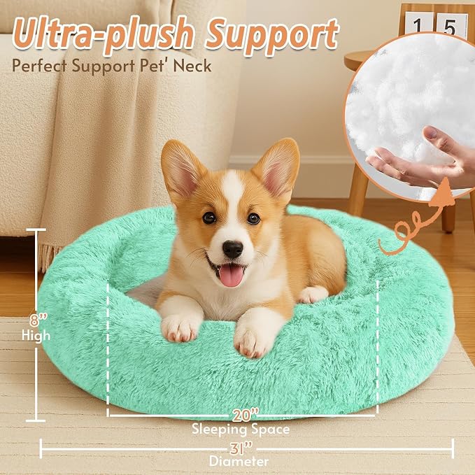 JOLLYVOGUE Calming Dog Bed Medium Size Dog, 31in Donut Washable Medium Pet Bed, Anti-Slip & Anti-Anxiety Fluffy Faux Fur Round Dogs Bed, Fits up to 45 lbs Pets (Mint Green)
