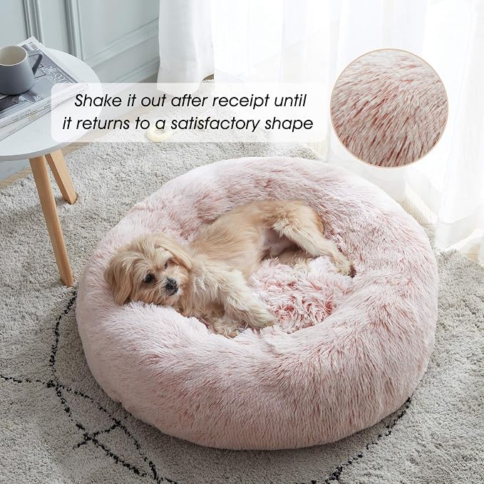 Western Home Calming Donut Small Dog Cat Bed Washable Puppy Bed,24" Pink | Fluffy Faux Fur Round Cuddler,Anti-Anxiety,Anti-Slip Bottom,Pet Beds for Puppy&Small Dogs&Large Cat,Up to 25 LBS