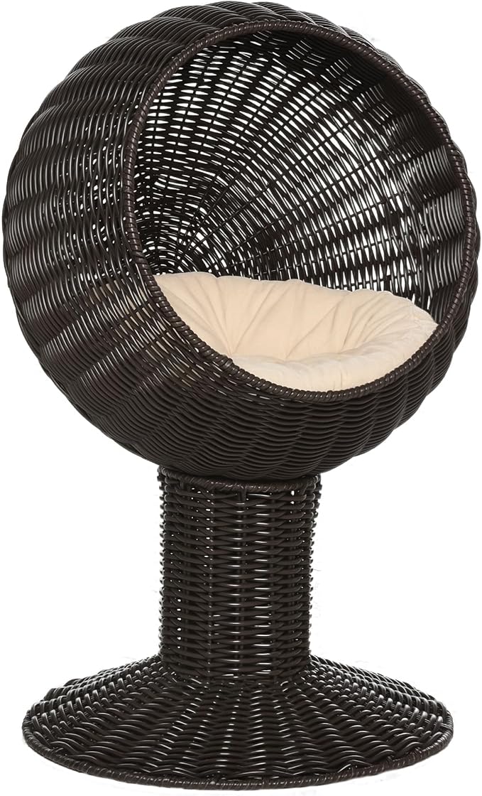 PawHut Elevated Cat Bed with Rotatable Egg Chair Pod, Cat Basket Bed with Thick Cushion, Natural Mat Grass Woven Kitty House, Coffee | Cat Basket Bed, Natural Mat Grass Woven Kitty House