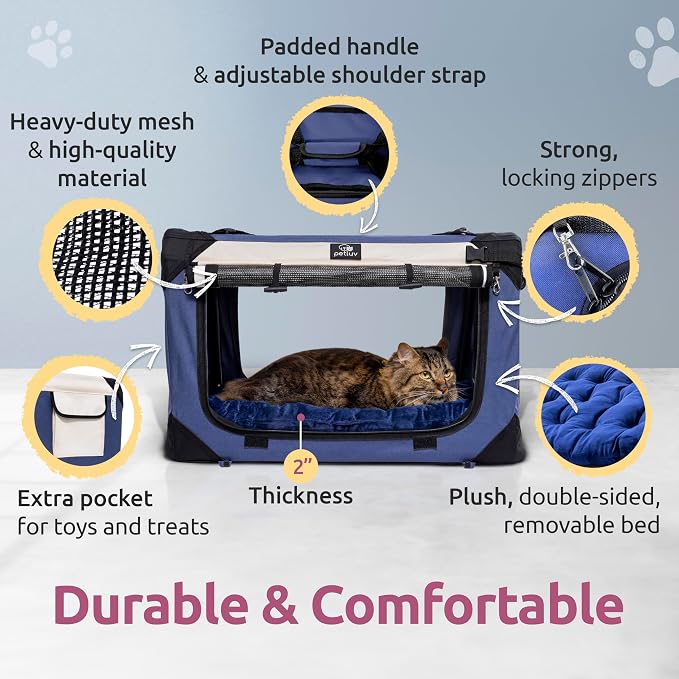 Dog & Cat Carrier, Large, Navy | Soft-sided, Fits Large Cat, 2 Cats, or Medium Dog Comfortably, Great for Travel & Vet Visits, Privacy Windows, Removable Bed