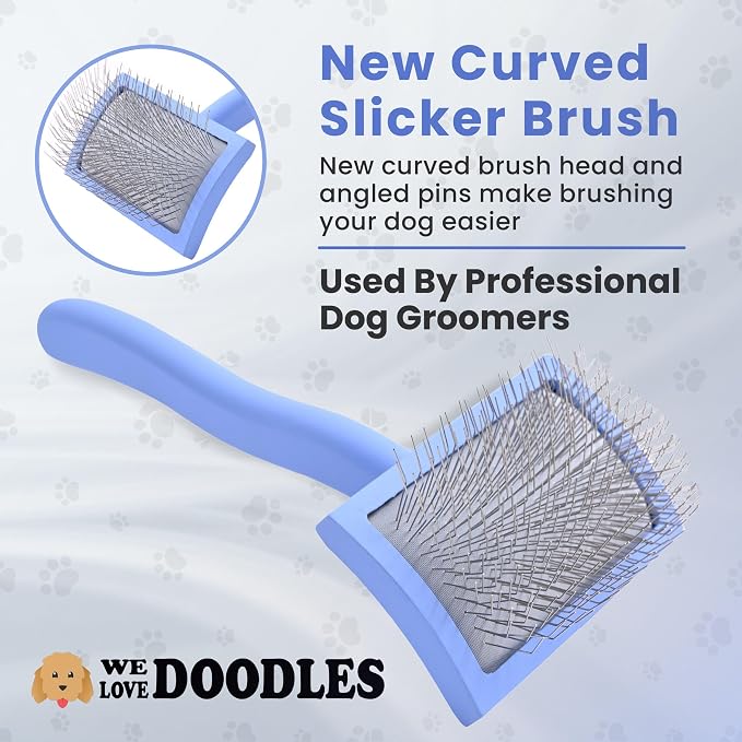 We Love Doodles Medium Curved Slicker Brush and Scissors Kit- Soft Pin Goldendoodle Brush and Dog Scissors - for Dematting & Shedding - Made in USA