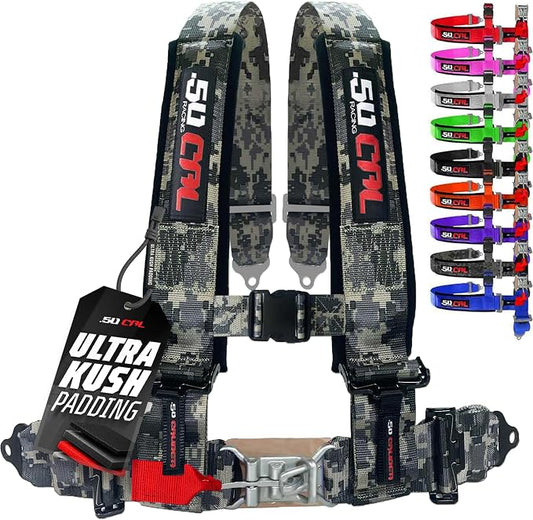 1pc 50 Cal Camo 4 Point Harness 2 inch straps, Racing Harness Seat Belt | Ultra Kush padding, Push Button quick release hardware. Universal Fit for UTV, RZR, race car