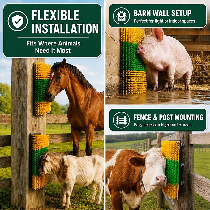 Livestock Scratching Brush 4 Pack for Itchy Coats, Goat and Horse Scratcher for Cows, Horses, Goats, Pigs and Donkeys, Mounts on Posts, Fences, Stalls and Tree Stumps
