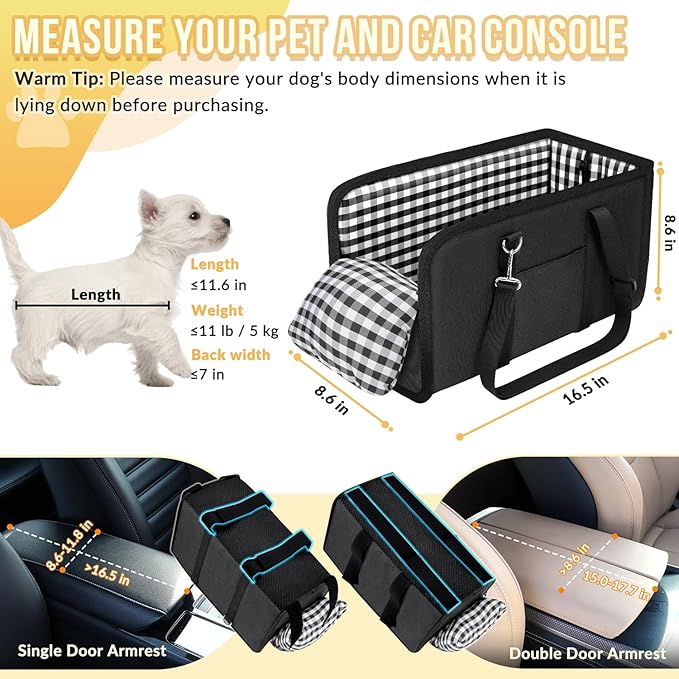 SlowTon Console Dog Car Seat, Dog Booster Seat for Small Dogs Under 11lbs | Portable, Safety Features for Anti-Collapse, Hard Bootm for Excellent Support, with Washable Cushion Built in Seat Belt