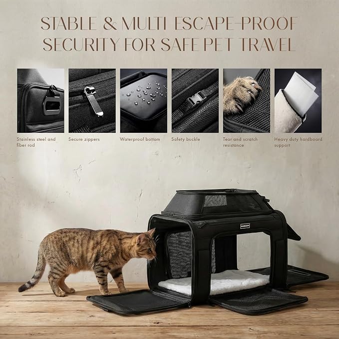 Top-Expandable Pet Carrier with Treat Pet Window,17x11x9.5 Airline Approved | for Alaska Hawaiian,Soft-Sided Dog Carrier, Anti-Scratch Mesh, Lockable Zippers,Cat Carrier for Kitten,Rabbit,Puppy, Black