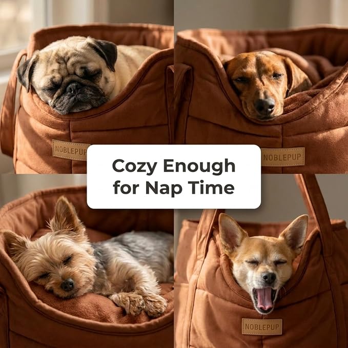Plush Dog Purse Carrier for Small Dogs, Soft Dog Tote Bag with Safety Harness Clip, Cozy Pet Carrier for Dogs Under 15 lbs, Comfortable Dog Shoulder Carrier for Travel, Brown