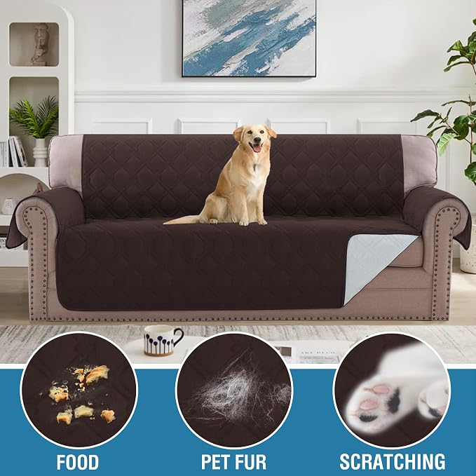H.VERSAILTEX Sofa Cover 100% Waterproof Slipcover Furniture Protector, Washable Couch Cover with Non-Skid Backing and Elastic Straps for Kids, Dogs, Pets(Sofa, Brown)
