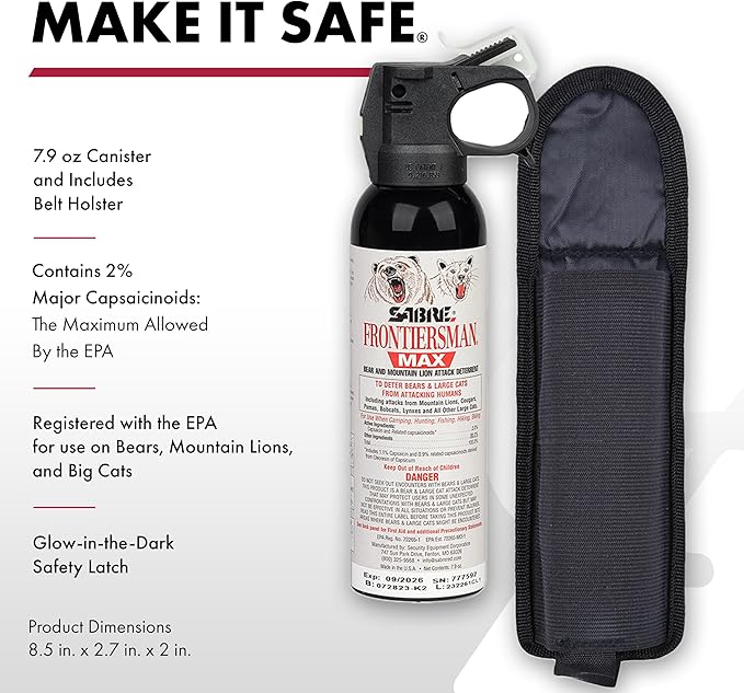 SABRE Frontiersman MAX Bear Spray Kit – 7.9 oz Bear & Mountain Lion Deterrent, Belt Holster, Bell, 40 ft Range, 2% Capsaicinoids, Glow Safety, Eco-Friendly, Hiking, Camping