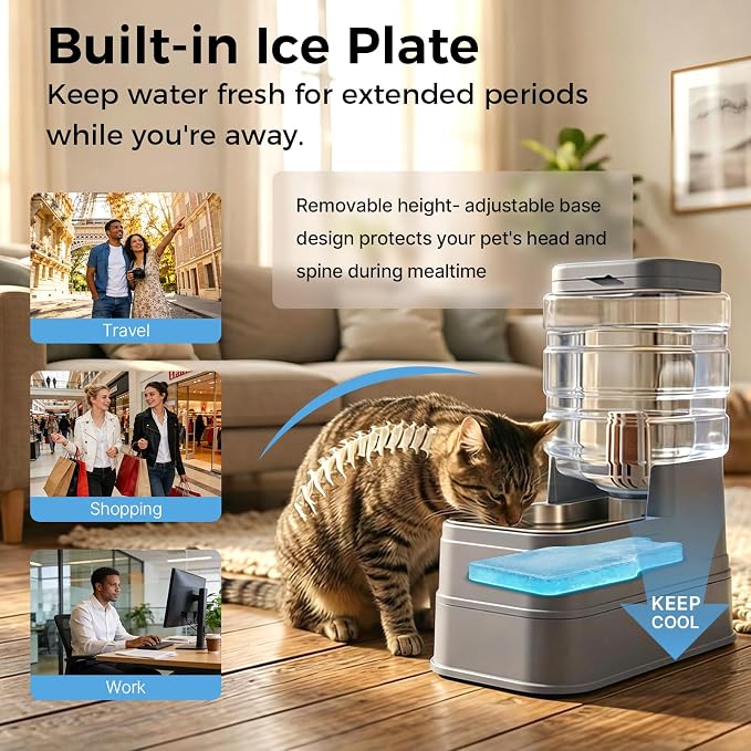Automatic Cat Feeder and Water Dispenser with Stainless Steel Bowl with Ice Pack Gravity Food Feeder and Waterer Set Feeding Raised Bowls with Filter for Dog 1.3 Gallon x 2(Grey)