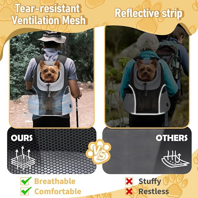 WOYYHO Pet Dog Carrier Backpack, Ventilated Mesh Small Dog Front Backpack | Breathable Puppy Back Pack, with Safety Belt, Storage Pockets, for Travel Hiking Cycling Outdoor Adventures, Grey, M