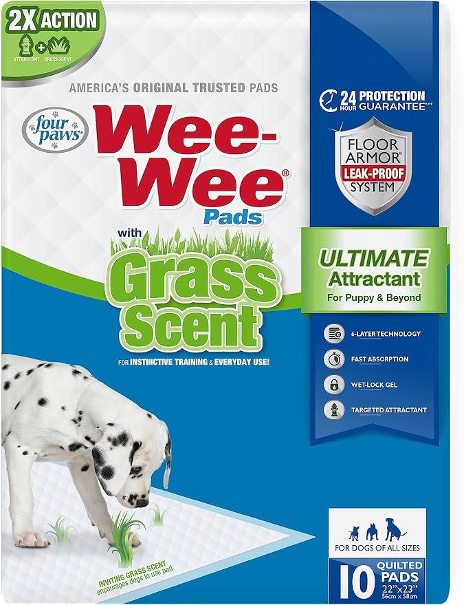 Four Paws Wee-Wee Ultimate Attractant Grass Scented Pee Pads for Dogs & Puppies, Leak-Proof Dog Housebreaking Instinctive Potty Training Floor Protection, 22" x 23", 10 Count (Pack of 12)