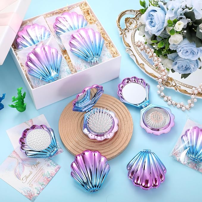LemonRoad 24 Sets Mermaid Party Favors Shell Hair Brush with Mirror Card, Foldable Mini Travel Compact Hair Brush for Women Birthday, Bachelorette, Under The Sea, Beach Party Gifts(Gradient Colors)