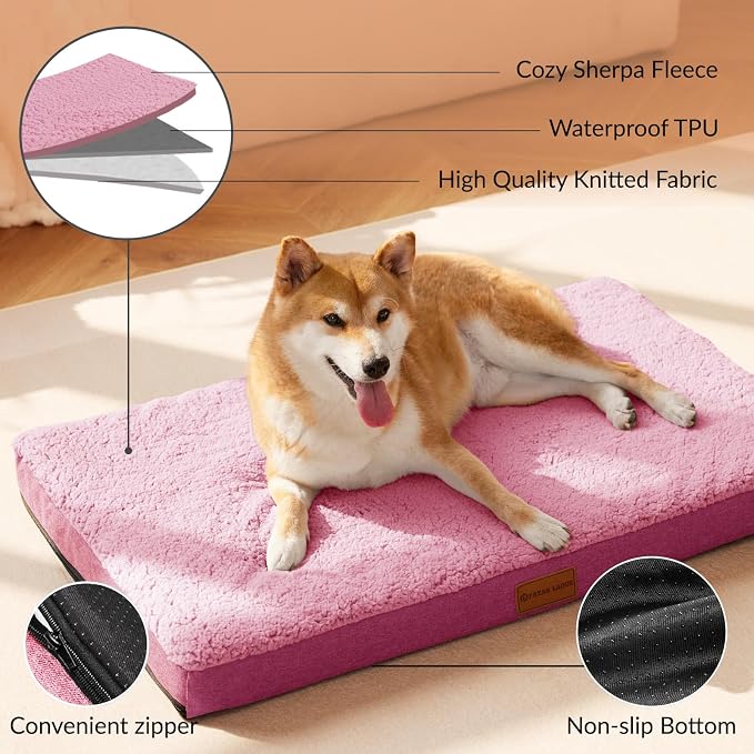 Patas Lague Orthopedic Large Dog Bed Washable Pet Sofa Mat 48''X30'' Pink | Egg-Crate Foam Dog Couch For Large Sized Dogs, Waterproof Removable Cover, Soft Pet Crate Bed With Nonskid Bottom