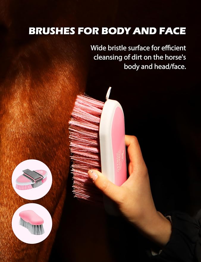 Harrison Howard Complete Horse Grooming Set, 11-Piece Advanced Daily Grooming Tools with Extra Brushes for Full Horse Care Pink Brushstroke Ponies