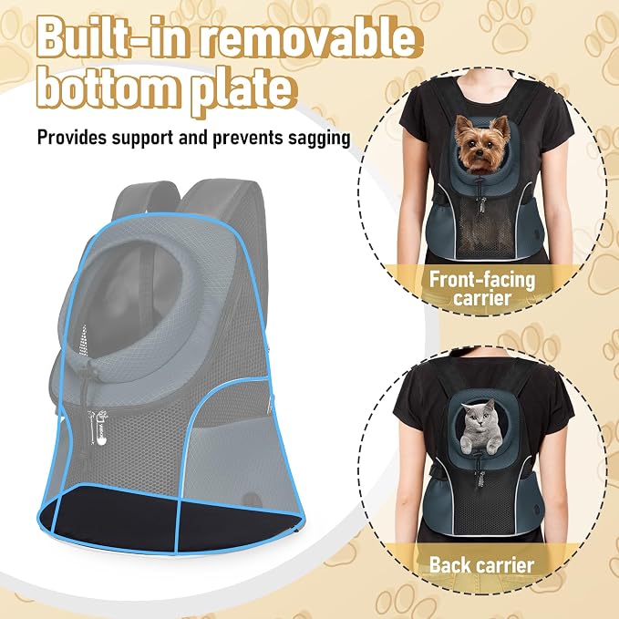 WOYYHO Pet Dog Carrier Backpack, Ventilated Mesh Small Dog Front Backpack | Breathable Puppy Back Pack, with Safety Belt, Storage Pockets, for Travel Hiking Cycling Outdoor Adventures, Dark Gray, L
