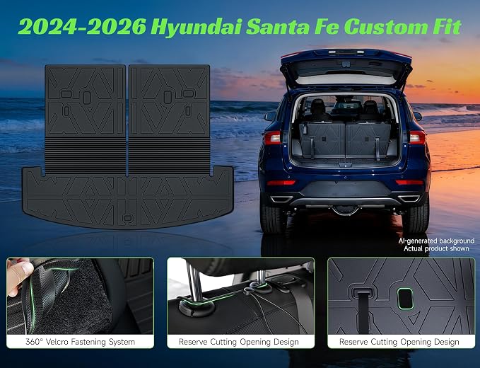 Cargo Trunk Mat with Backrest Mats for Hyundai Santa Fe 2024 2025 2026,All Weather Protection TPE Heavy Duty Cargo Liner Santa Fe Accessories,Black