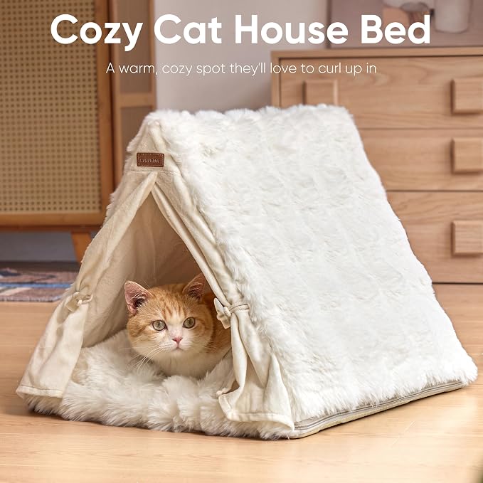 FUKUMARU Cat Cave Bed, Sturdy Frame Washable Cat Tent Bed with Curtain | Semi-Enclosed Cat Hideaway for Anxious Cats, Large Cozy Cat House for Indoor Cats, Soft Plush Covered Dog Bed, Cream