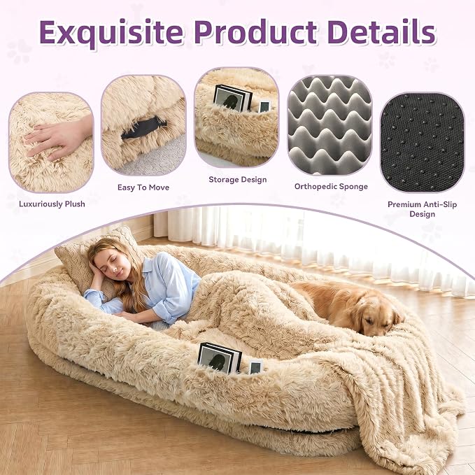 Human Dog Bed with Pillow & Blanket - 71 × 45 × 12 Inch | Oversized Pet Bed for Large Dogs, Leak-Resistant Washable Dog Couch Bed for People & Dogs to Share Beige