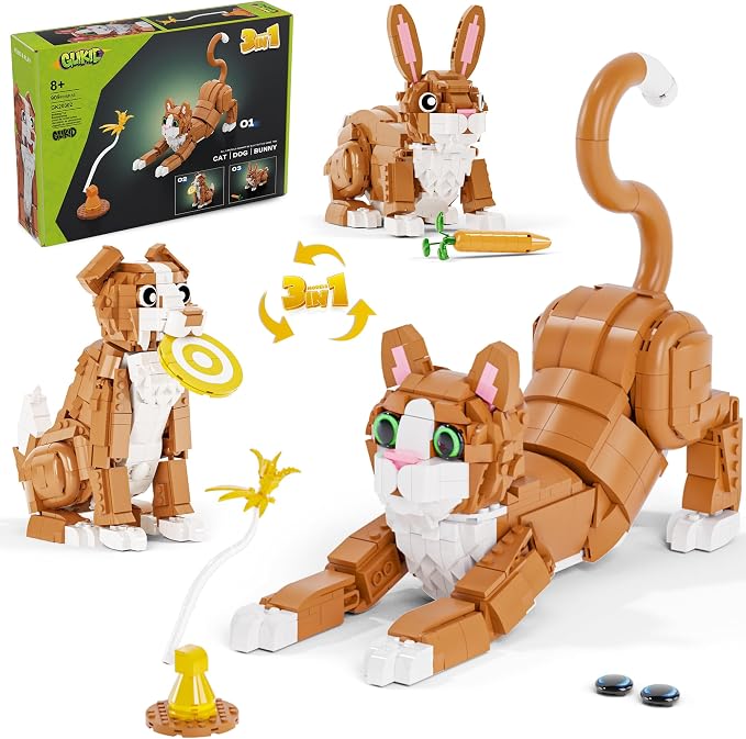 3-in-1 Orange Cat Building Set, Build a Cat, Dog or Rabbit | Build & Rebuild 3 Cute Animal Designs from One Set, Building Toy for Cat Lovers and Animal Fans, Birthday Gift Ages 8+