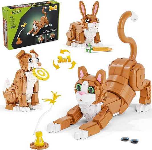 3-in-1 Orange Cat Building Set, Build a Cat, Dog or Rabbit | Build & Rebuild 3 Cute Animal Designs from One Set, Building Toy for Cat Lovers and Animal Fans, Birthday Gift Ages 8+