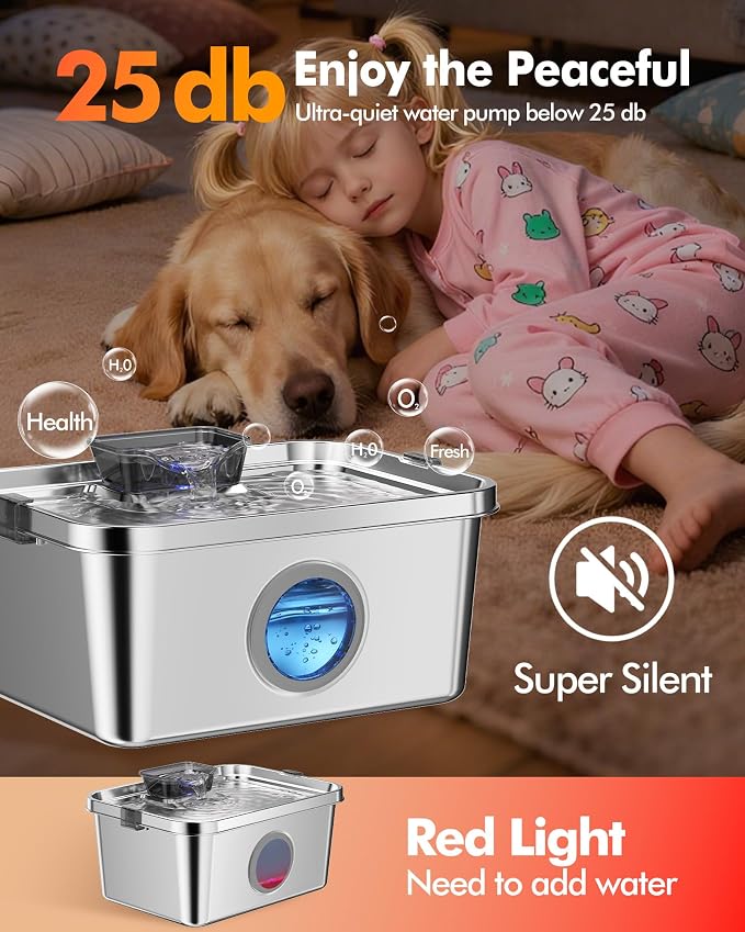12L/3.2Gal Dog Water Fountain Elevated, Stainless Steel Pet Water Fountin with Adjustable Metal Stand, Raised Automatic Dog Water Bowl Dispenser for Large Dogs, Quiet Dog Fountain with Water Window
