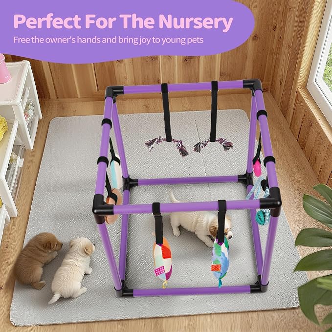 Liitrton Puppy Play Gym for Small Dogs with 8 Hanging Toys, Purple | 19.5"x19.5"x19.5" PVC Frame, Indoor Puppy Jungle Gym with Interactive Puppies Toys