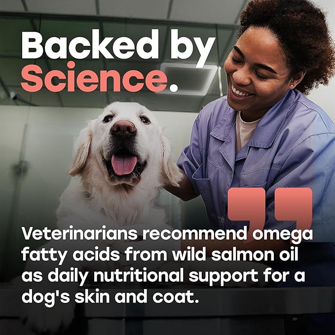 Omega 3 & 6 Dog Skin & Coat Chews – Wild Salmon Oil, Biotin, Zinc & Vitamin E – Supports Dry Itchy Skin, Shedding & Healthy Coat – PhD-Endorsed, Made in USA, 140 Chews, Salmon Flavor