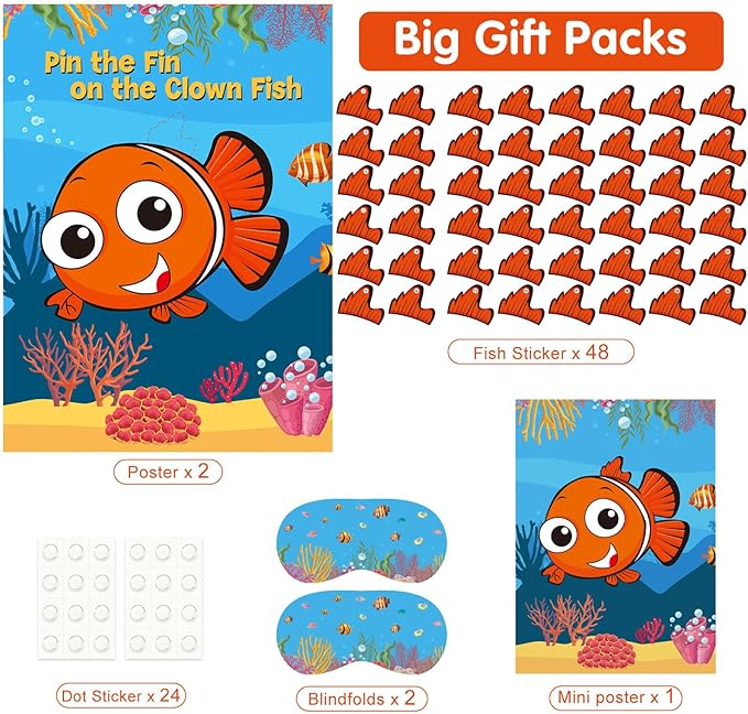 NEBURORA 2 Pack Pin The Fin on The Clownfish Party Game 2 Large 21"x 28" Posters with 48pcs Stickers Ocean-Themed Birthday Party Supplies Decorations for Kids Boys Classroom Game Wall Home Decor
