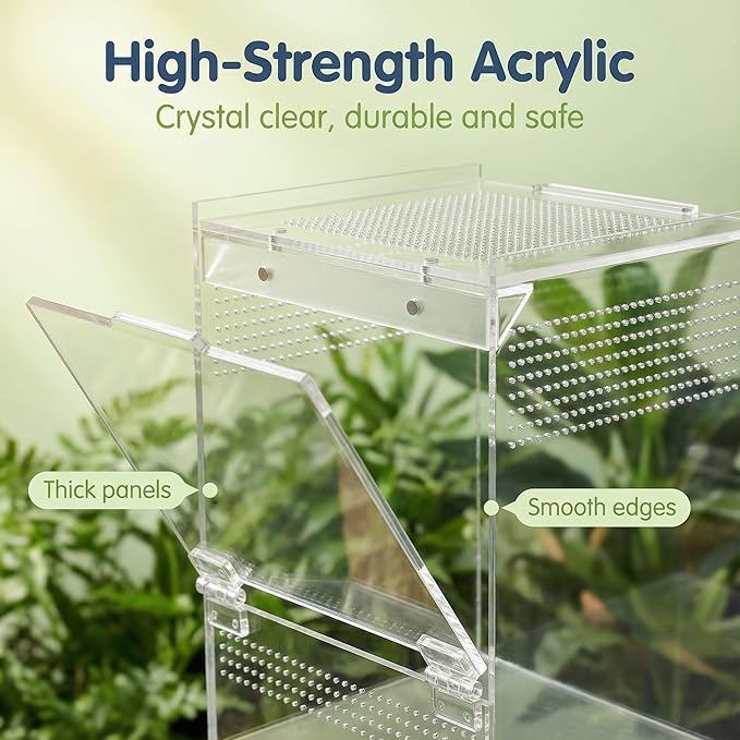 Jumping Spider Enclosure, Acrylic Tarantula Enclosure, 6x6x9 Inch Insect Terrarium with 2 Magnetic Doors, Pre-Assembled Reptile Habitat for Gecko, Mantis, Snail, Lizard, Frog, Hermit Crab, Hatchlings