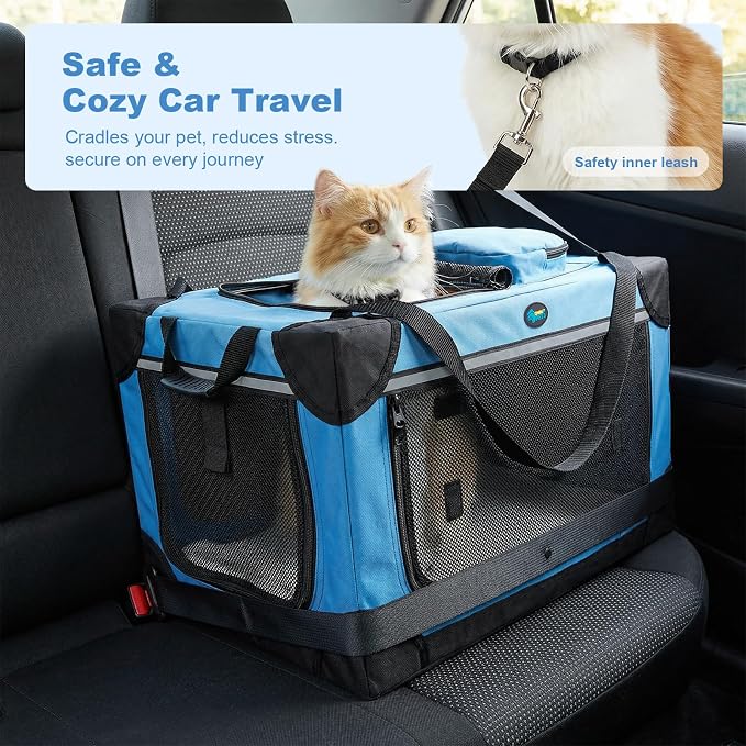 Ownpets Extra Large Cat Carrier for 2 Cats Small Dogs, 24 Inches Collapsible Soft Dog Crate for Car Travel, Portable Pet Carrier with Soft Mat, Blue | Foldable, Portable, 4-Doors, 4-Side Mesh Windows, Steel Frame Oxford Cloth, Soft Cushion Mat, Leash, ...