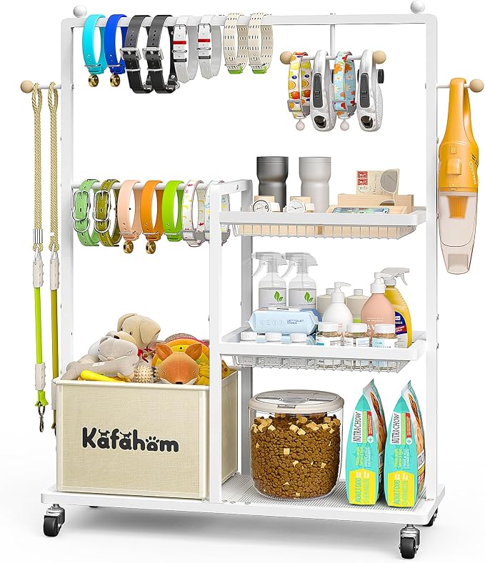 Dog Toy Basket, Basket For Dog Toys Living Room, The Stuff For Dogs, Cat Toy Box, Dog Toy Bin, Toy Chest Storage, All-in-One Pet Supplies Organizer with Leash Hanging Rail and Locking Casters