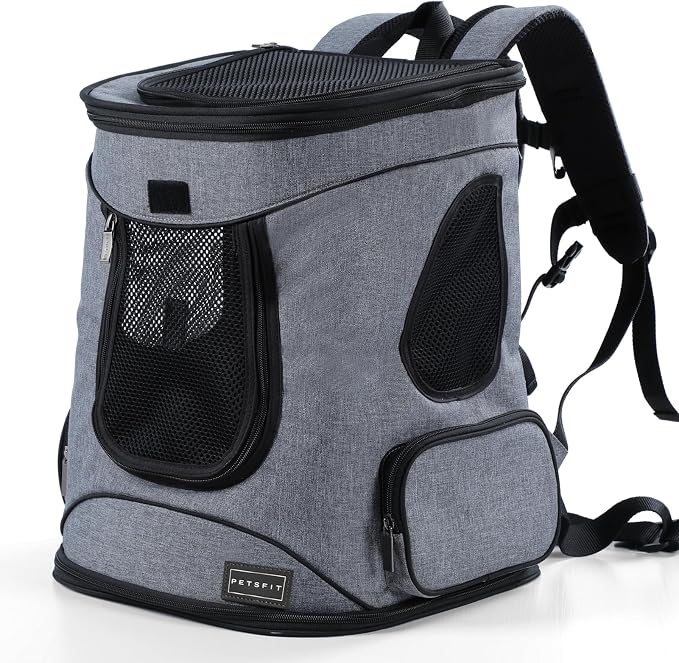 Petsfit Dog and Cat Backpack Carrier, Padded Waist Support, Up to 18 lb | 13.5 x 12.5 x 17.5 in; reinforced frame, 600D Oxford, 4 mesh panels, lockable zippers, safety tether and washable mat.