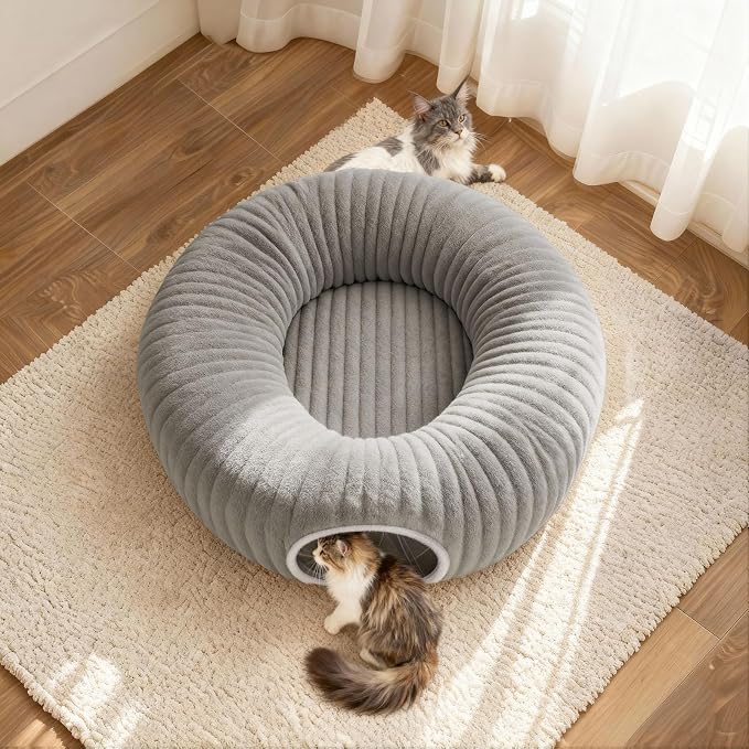 Cat Tunnel Bed for Indoor Cats, Peekaboo Cat Cave Bed,Soft Cat Donut Tunnel for Kitten Large Cats, Grey
